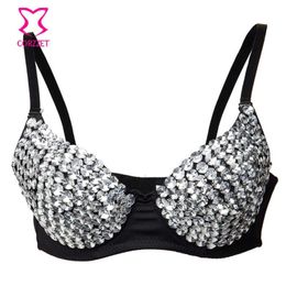 Discothèque Dance Party Wear Argent Diamant Cristal Gem Perles Soutien Gorge Sexy Soutien-Gorge Push Up Bralette Top Encaje Brassiere Femme X276J