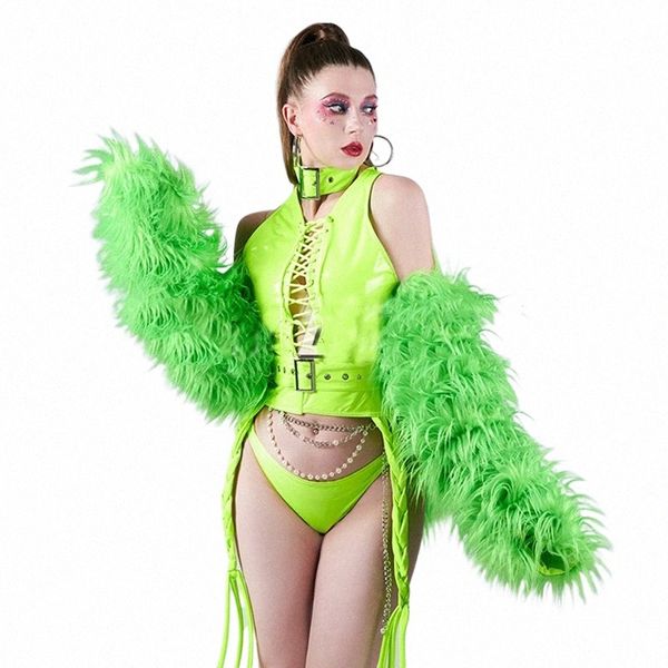 Club nocturno Dj Ds Party Rave Outfit Abrigo de piel verde Sexy Pole Dance Bikini Gogo Trajes de baile Mujeres Grupo Etapa Desgaste XS6030 j9LP #