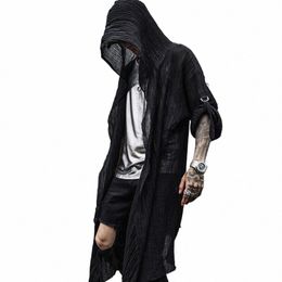Club nocturno DJ cantante punk rock hip hop lg camisa negro con capucha capa cardigan hombres lino blusa de gran tamaño gótico vintage streetwear P6H2 #