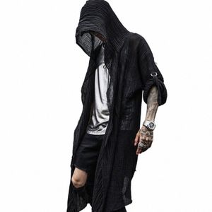Nachtclub DJ zanger punk rock hiphop LG shirt zwarte capuchon mantel vest mannen linnen oversize blouse gothic vintage streetwear P6H2 #