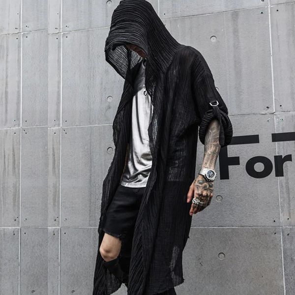 Nightclub DJ chanteur Punk Rock Hip Hop Long Shirt Black Hooded Cloak Men Men Linen Blouse Gothic Vintage Streetwear 240418