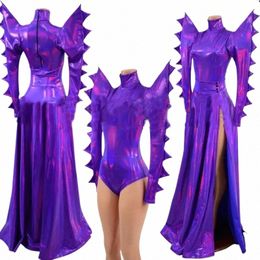 Discothèque Ds Dj Gogo Wear Pole Dance Outfit Drag Queen Costume Sexy Violet Laser Épaule Exagérée Body Dr i1p7 #