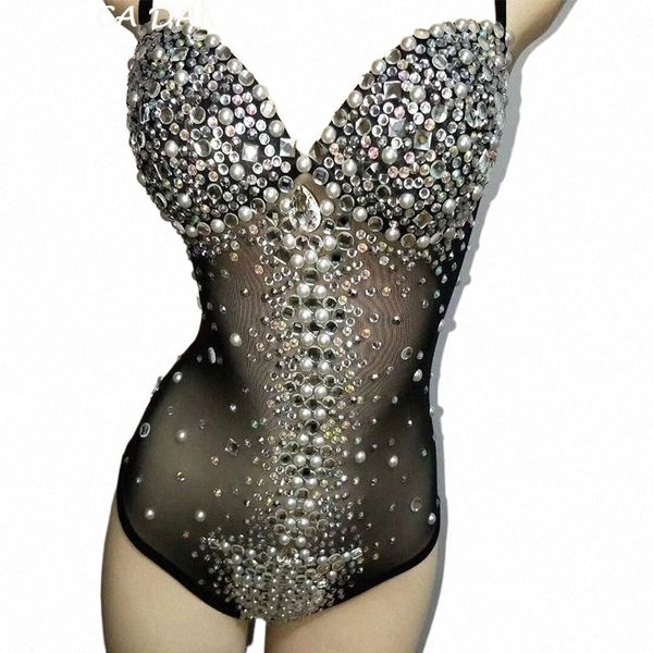 Discothèque Femme Costume Noir Sparkly Rhinestes Body Transparent Sexy Combinaison Bar DJ Chanteur Équipes Jazz Danse Stage Wear p16b #