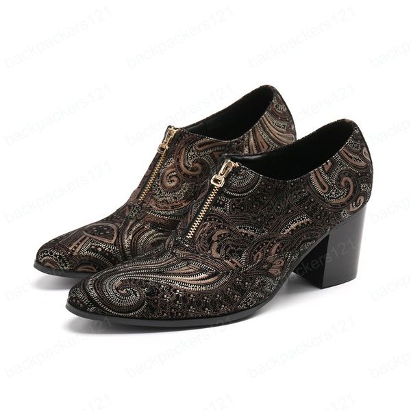 Discothèque fête à talons hauts hommes chaussures en cuir véritable motif Vintage chaussures habillées formelles fermeture éclair mâle danse bottes courtes