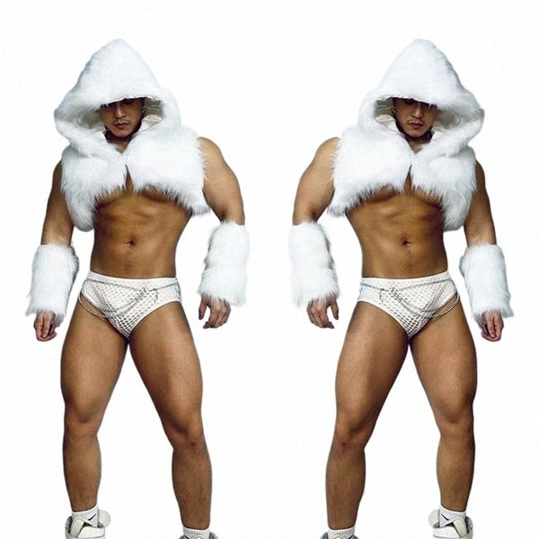 Discothèque Party Muscle Man Gogo Dancing Performance Wear Blanc Fausse Fourrure Gilet Support Danseur Outfit Pole Dance Cosutme VDB4936 a8YU #