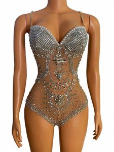 Discothèque Pole Dancing Collants Costume Sier Rhinestes Stretch Justaucorps Sexy Transparent Mesh Body Crystal Stage Wear DJ r8mG #