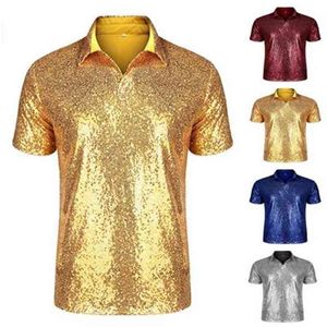 Nachtclub Pailletten T-shirt top voor Mannen shirt 70s Cosplay Kostuum Volwassen mannen Carnaval cosplay 210716