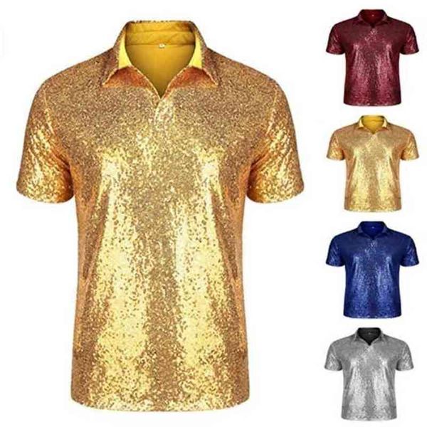 Discothèque Sequin T-shirt haut pour hommes chemise 70s Cosplay Costume Adulte hommes Carnaval cosplay 210716