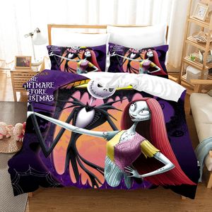 Nightmare Before Christmas Couvercle de couette avec couverture d'oreiller Ensembles de lit Jack et Sally 3D Skull Christmas Liberding Set Chambre Decor