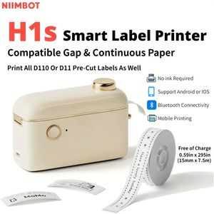 NIIMBOT H1S Machine de création d'étiquettes avec ruban (blanc : 1,5 x 749,7 cm), imprimante portable d'autocollants d'édition mobile d'une largeur d'impression d'un demi-pouce, papier continu compatible avec espacement
