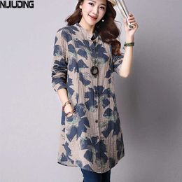 NijiUding Spring Fashion Floral Print Katoen Linnen Blouses Casual Lange Mouw Shirt Dames Top met Pockets 210721