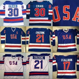 NIK1 1980 Miracle on Ice Hockey Jersey # 17 Jack O'Callahan # 21 Mike Eruzione # 30 Jim Craig Heren 100% gestikt team VS Hockey jerseys blauw wit