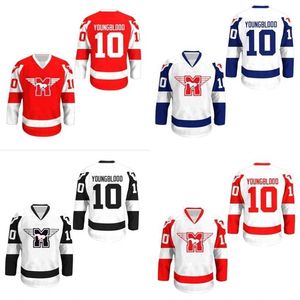 Nik1 MUSTAGS Hockey Jersey 10 Youngblood Película Rob Lowe Cosido Película Hockey Jerseys Todo cosido Blanco Rojo Azul vintage raro