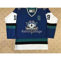 Nik1 Nordiques de Québec 1995-1996 Pro Wolf 19 Joe Sakic 21 PETER FORSBERG Maillot de hockey blanc bule cousu personnalisé Maillots avec n'importe quel nom et numéro