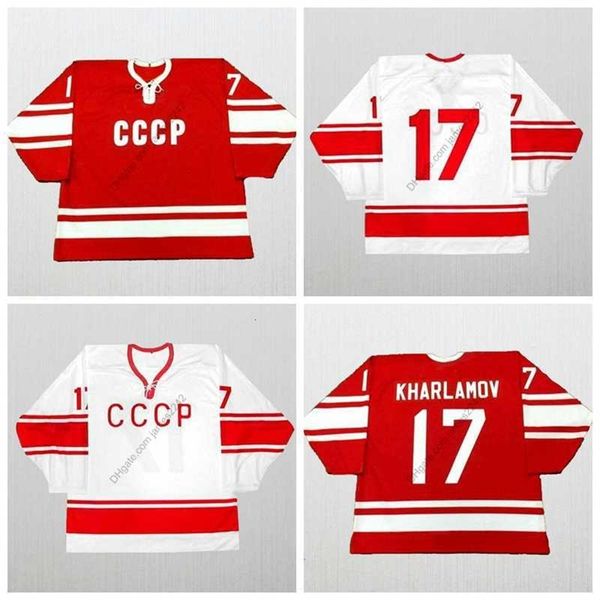 Nikivip Custom 80'S Valeri Kharlamov # 17 CCCP Hockey Jersey Cousu Blanc Bleu Taille S-4XL N'importe quel nom et numéro Maillots de qualité supérieure