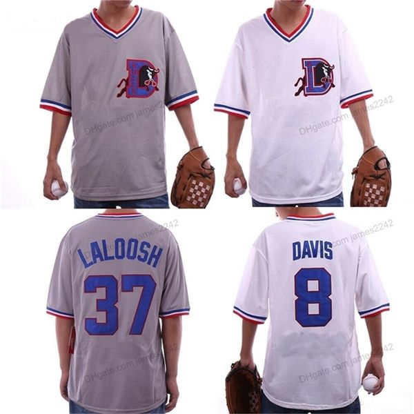 Nikivip Custom Mens Bull Durham # 8 Crash Davis # 37 Ebby LaLoosh Movie Baseball Jersey Todo cosido Blanco Gris Tamaño 2XS-3XL