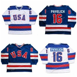 Nikivip Película personalizada 1980 Milagro sobre hielo Mark Pavelich # 16 EE. UU. Jersey de hockey cosido Blanco Azul Tamaño S-4XL Cualquier nombre y número Camisetas de alta calidad