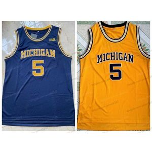 Nikivip Jalen Rose 5 Michigan College Basketball Jersey Homme Cousu Bleu Marine Jaune Taille S-XXL Qualité Supérieure