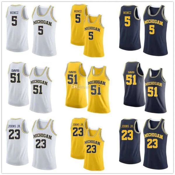 Nikivip Michigan Woerines College # 5 Adrien Nunez # 51 Austin Davis # 23 Brandon Johns Jr. Maillots de basket-ball pour hommes Ed Numéro personnalisé Na