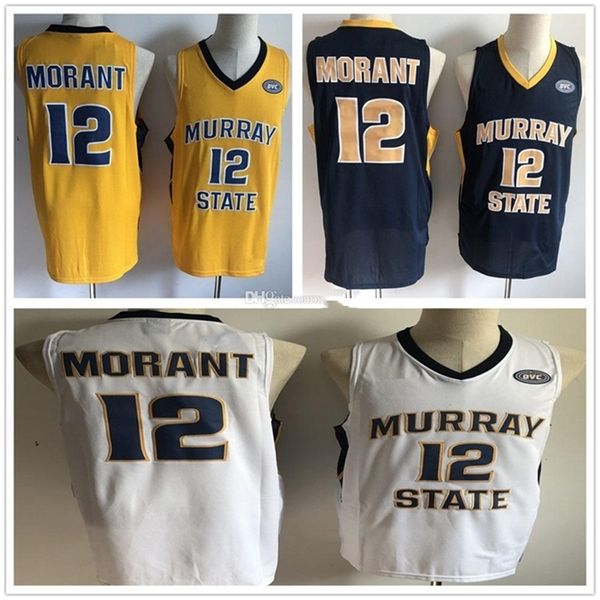 Nikivip Murray State Racers College Ja Morant #12 blanc jaune bleu marine maillot de basket-ball maillots cousus pour hommes