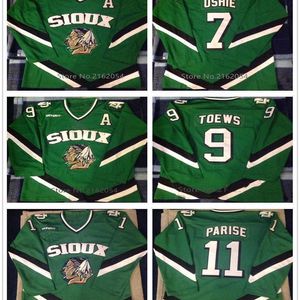 Nikivip Universidade de Dakota do Norte Fighting Sioux TJ Oshie 7 Jonathan Toews 9 Zach Parise 11 Retro Hockey Jersey Masculino Costurado Número Personalizado Nome