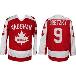 Nikivip Vaughan Nationals Wayne Gretzky #9 Red Retro Hockey Jersey Metro Junior B Hockey League NN Heren genaaide Custom Number Name Jerseys