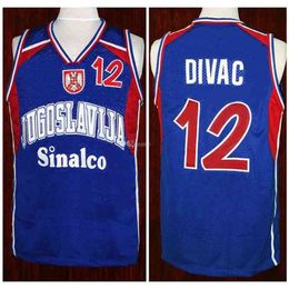 Nikivip Vlade Divac # 12 équipe Jugoslavija Yougoslavie Serbie bleu rétro maillots de basket-ball hommes cousu personnalisé n'importe quel nom de numéro