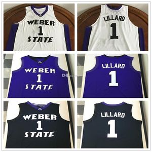 Nikivip Weber State Wildcats College Damian Lillard #1 Wit zwart paarse retro basketball jersey heren genaaid op maat elke nummernaam jerseys