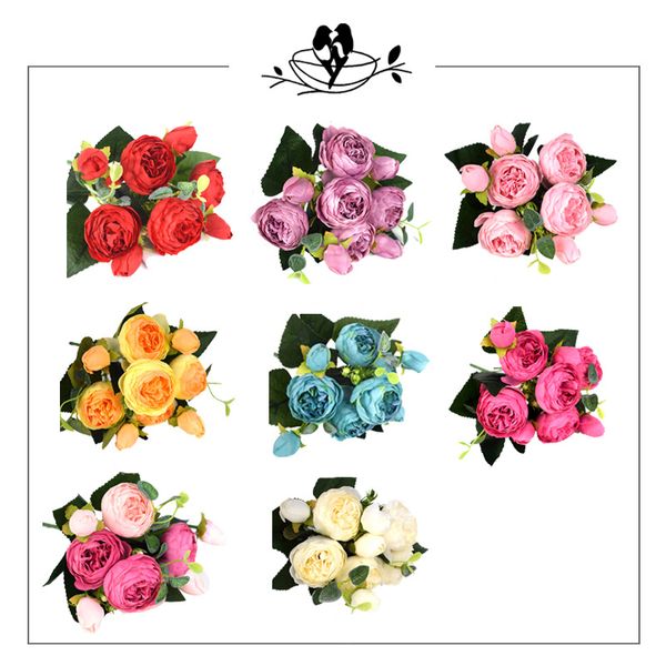 Nine Head Spring Peony Bouquet, maison, mariage, fleurs artificielles, rose, table à manger, arrangement floral, décoration de fleurs simulée rose, fleur simulée