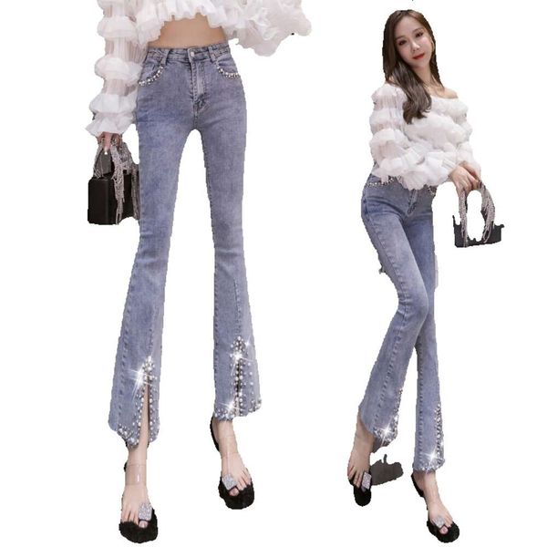 Nine Women's Point Flared 2023 principios de otoño nueva industria pesada clavo remache Split Jeans mujeres pantalones de talle alto Jeans