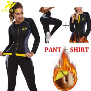 Ningmi Neopreen Sauna Pak Lange Mouw Shirt + Legging Body Shaper Sports Set Vrouwen Controle Slipje Pant Taille Trainer Shapewear 201222