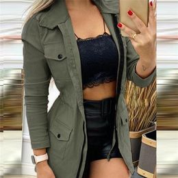 Ninimour Autumn Women Pocket Zipper Design Drawstring Cargo Coat Femme Casual Jacket Office Lady Outfits Kleding TRAF 220819