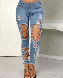Ninimour Vrouwen Elegante Mode Holey Frayed Hem Distressed Pencil Jeans Dames Casual Uitgaan Workwear Uitloper 210415