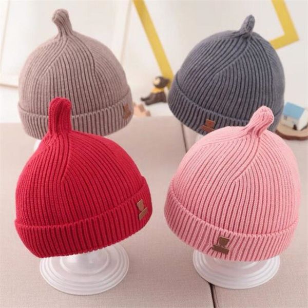 Sombrero de pezón, sombreros de punto para bebés para niños en otoño e invierno, sombreros de lana de bebé cálidos simples de color