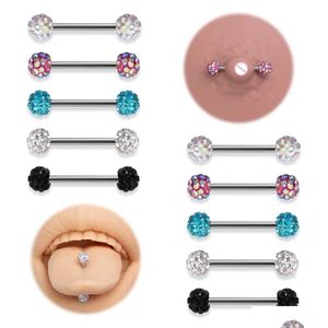 Anneaux de mamelon 2pcs Cz Crystal Ball Straight Harbell en acier inoxydable Tongue Piercing pour femmes hommes Bijoux de corps sexy 14g 14 mm Dro Dhcrf