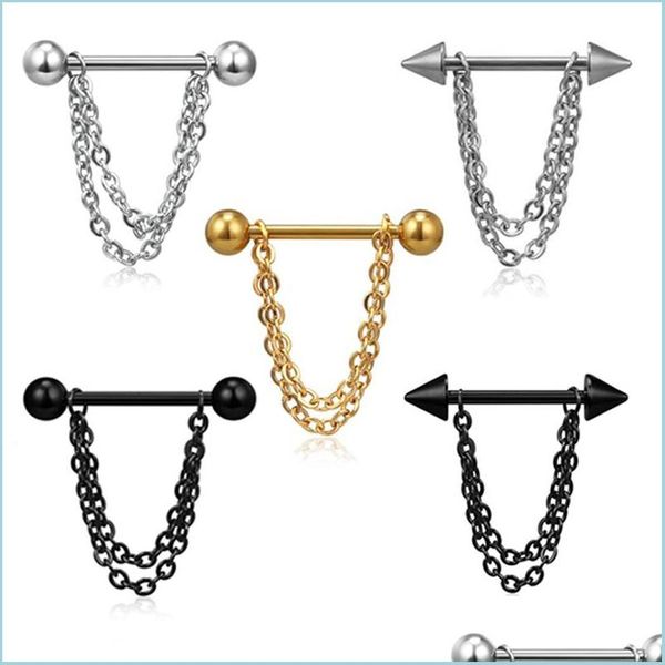 Anneaux De Mamelon 2 Pcs / Ensemble En Acier Inoxydable Lien Percé Mamelon Anneaux Du Sein Ongle Barbell Chaîne Pendentif Corps Piercings Bijoux 5 Styles 84 Dhcbh