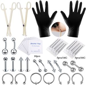 Anillos de pezón 42pcsset Kit de herramientas de perforación del cuerpo Agujas Abrazadera Guantes Alicates Con ceja Nariz Anillo de ombligo Joyería 230626