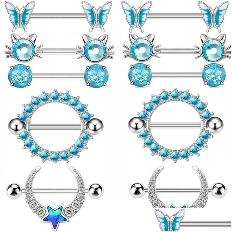 Nipple Rings Blue Crystal Piercing Jewelry 14G Cz Shiny Ring Barbell Piercings Round Nipples Bars Wings Pezon Mujer Drop Delivery Bod Dhaxe
