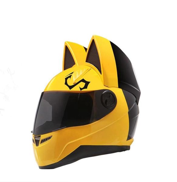 Casque de moto intégral de marque NITRINOS avec oreilles de chat couleur jaune quatre saisons 5917457