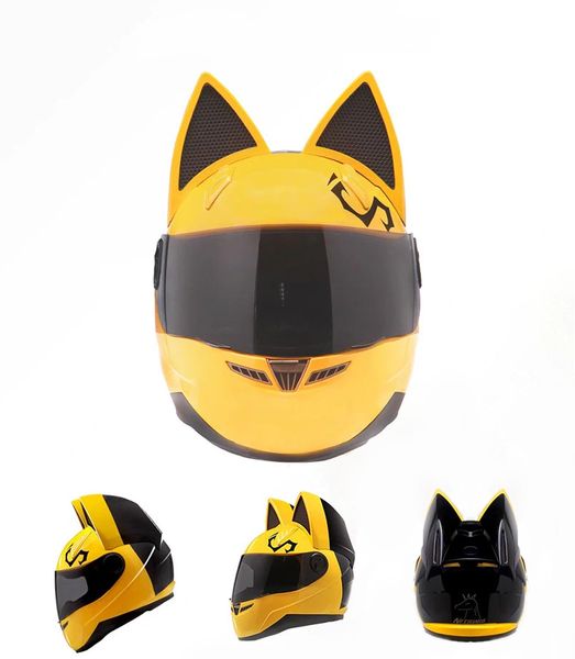 NITRINOS casco de motocicleta integral con orejas de gato color amarillo Personalidad Casco de gato Moda Casco de moto tamaño M L XL XXL217l