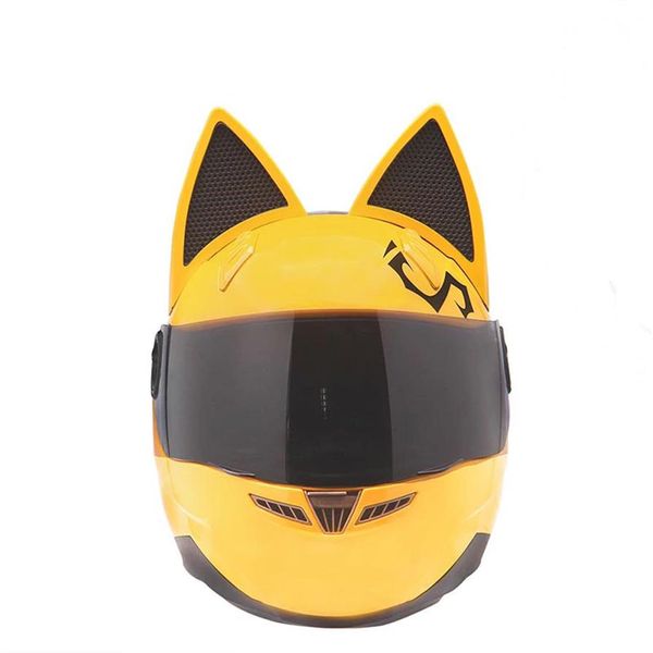 Casco de motocicleta NITRINOS de cara completa con orejas de gato color amarillo personalidad casco de gato casco de moto de moda para mujer 244b