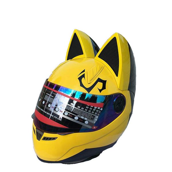 Casco de motocicleta NITRINOS de cara completa con orejas de gato color amarillo personalidad casco de gato casco de moto de moda para mujer 267L