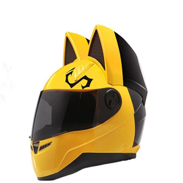 Casco de moto NITRINOS de cara completa con orejas de gato color amarillo Personalidad Casco de gato Casco de moto de moda talla M L XL XXL252M