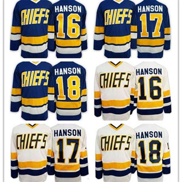 Nivip 2016 Brothers Charlestown Slap Shot Film Maillots de Hockey CCM Pas Cher 16 Jack Hanson 17 Steve Hanson 18 Jeff Hanson 7 Reggie DUNLOP Bleu