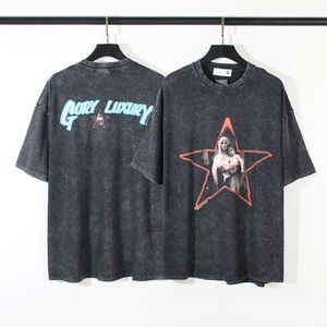 NJTQ Retro Designer T-Shirts for Men and Women Saint Michael Graffiti pentagram lavé à manches courtes en détresse pour une chemise à fond lâche