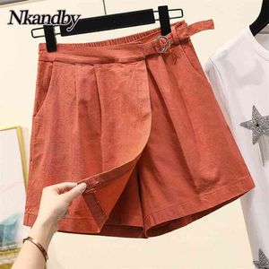 Nkandby grande taille jambe large Shorts jupes femmes été coton lin élastique haute Wiast surdimensionné lâche coréen mince a-ligne 210719