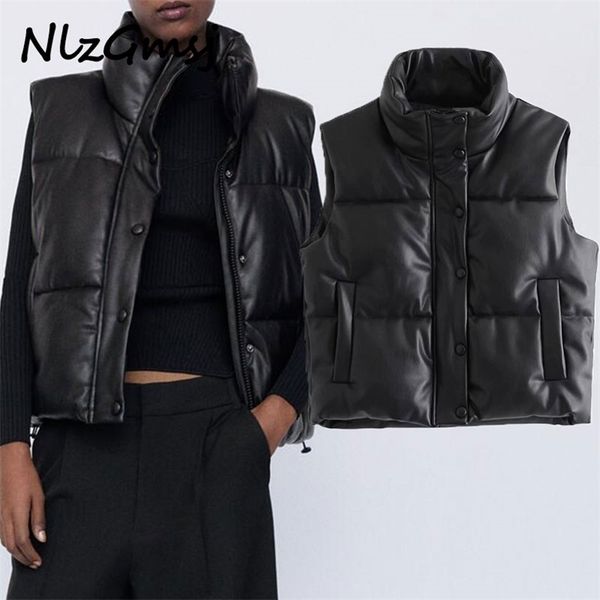 Nlzgmsj Za Parka Mujer Invierno Negro Cálido Faux Leather Chaleco Mujer Moda Cremallera Sin Mangas Abrigo Tops Mujer Casual Short Outwear 210819