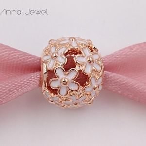 Geen kleur afgevuld met massief rosé goud Dary Daisy Meadow White Email Pandora Charms voor armbanden Diy Jewlery maakt losse kralen zilveren sieraden groothandel 780004EN12