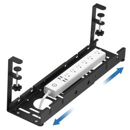 Plateau métallique extensible sous le bureau, gestion des câbles, sans perçage, avec pince, support de cordon rétractable pour multiprise, 231225