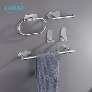 No Drilling Stainless Steel Self-adhesive Towel Bar Paper Holder Robe Hook Towel Ring Black Silver Gold Bathroom Accessories Set 240123